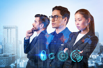Group of business colleagues as a part of multinational corporate team working on project to protect clients information at cybersecurity compliance division. IT lock icons over Bangkok