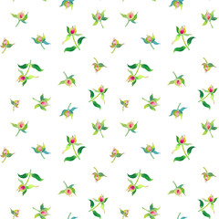 Watercolor pink peony buds and green leaves seamless pattern, floral digital paper on white background