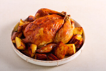 Roast chicken with potatoes on plate