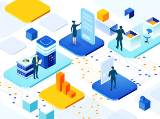 Isometric 3D business environment with business people standing at abstract platforms, shake hands as symbol of success.  Business concept illustration, working together