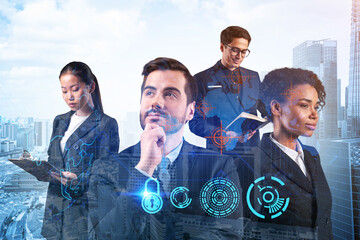 Group of business colleagues as a part of multinational corporate team working on project to protect clients information at cybersecurity compliance division. IT lock icons over Singapore