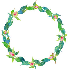 Watercolor pink peony buds and green leaves round frame, floral greenery wreath invitation on white background