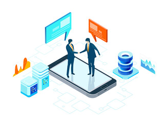 Application development iIsometric illustration. Business people stand at mobile phone screen, shake hands and agreements. Business management, advisory, finance concept