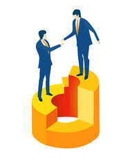 Isometric 3D business environment with business people standing at growth chart and shake hands as symbol of success.  Business concept illustration, working together