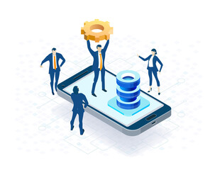 Application development iIsometric illustration. Business people stand around mobile phone, having a meeting, discussing progress, agreements. Business management, advisory, finance concept