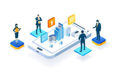 Isometric office with architects working. New project at phone screen. Business people having a meeting, discussing progress, making agreements. Business management, advisory, finance, supervise 