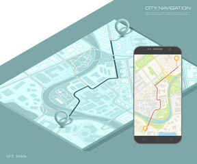 City map route navigation smartphone, phone point marker flat drawing schema isometric city plan GPS navigation tablet, itinerary destination arrow isometry paper city map. Route isometric check pin