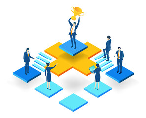 Isometric 3D business environment with business people working and communicating around trophy. Technology, success, internet, data protection and personal security concept 