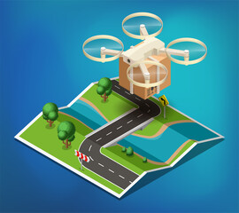 Drone delivery above the map concept illustration. Quadcopter flying over a map and carrying a package to customer. 3d isometric icon