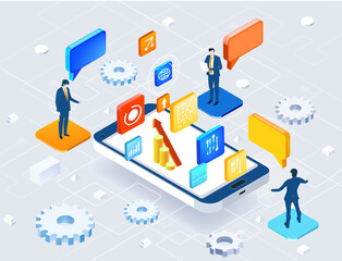Application development iIsometric illustration. Business people stand around mobile phone, having a meeting, discussing progress, agreements. Business management, advisory, finance concept