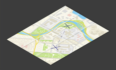 Isometric city map, point markers background, 3D simple city plan GPS navigation, final destination arrow paper city map