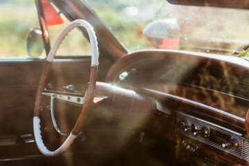 Image of retro vintage car interior for travel concept.