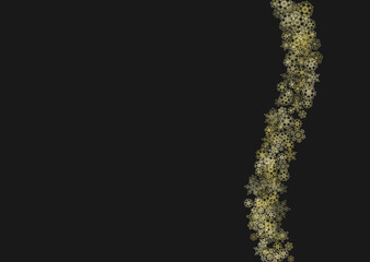 Gold snowflakes frame on black background. New year theme. Horizontal shiny Christmas frame for holiday banner, card, sale, special offer. Falling snow with gold snowflake and glitter for party invite