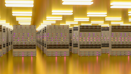 Server room data center. Backup, mining, hosting, mainframe, farm and computer rack with storage information. 3d render