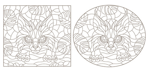 Set of contour illustrations in stained glass style with lynx on a background of leaves, dark contours on a white background