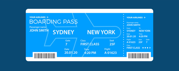 Modern airline ticket design with flight time and passenger name. vector illustration.