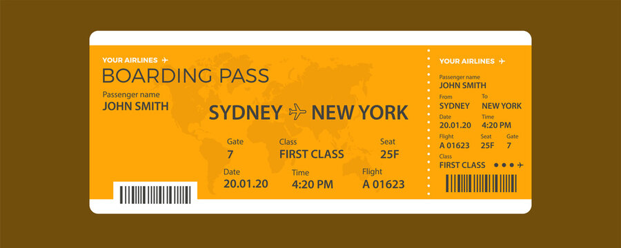 Modern airline ticket design with flight time and passenger name. vector illustration.