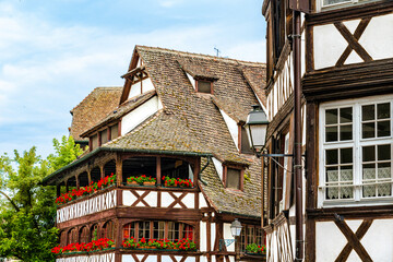 Close up details of beautiful colorful half timbered houses in Little France quarter in Strasbourg, Alsace region, France