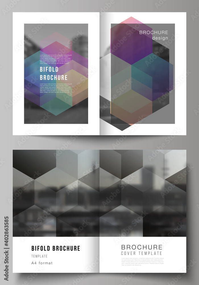 Wall mural vector layout of two a4 format cover mockups design templates with abstract shapes and colors for bi