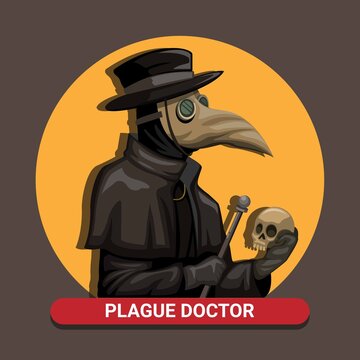 Black Death Plague Doctor Wear Bird Mask Costume Holding Skull And Rod In Medieval Concept In Cartoon Illustration Vector