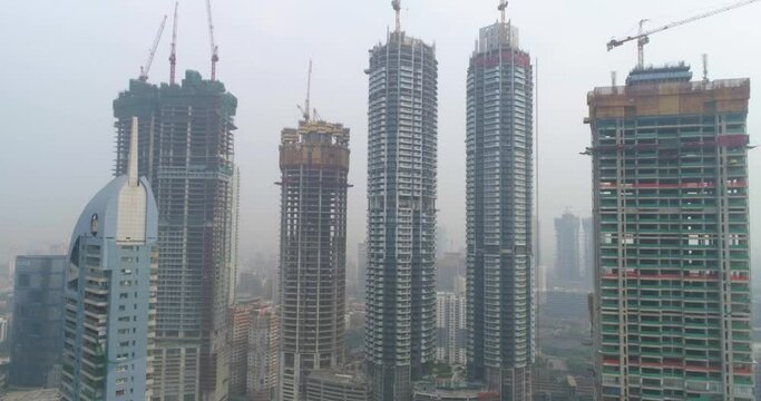 A drone shot of the Worli skyline with new buildings in construction.