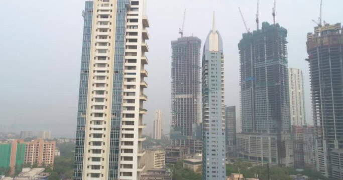 A drone shot of the Worli skyline with new buildings in construction.