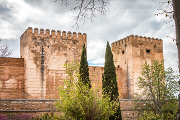 alhambra palace in granada, towers, cypress