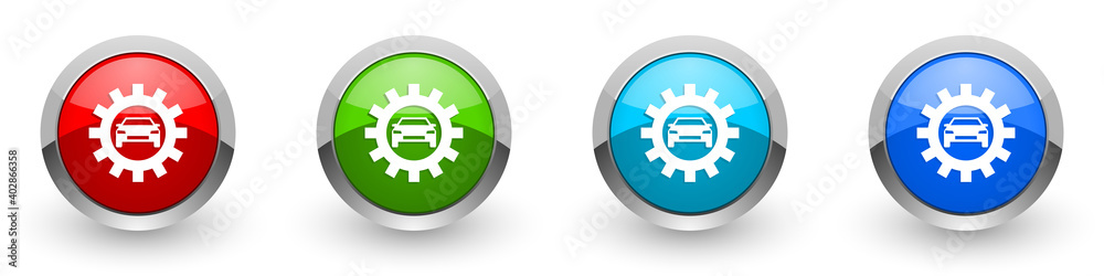 Poster Auto service silver metallic glossy icons, set of modern design buttons for web, internet and mobile applications in four colors options isolated on white background