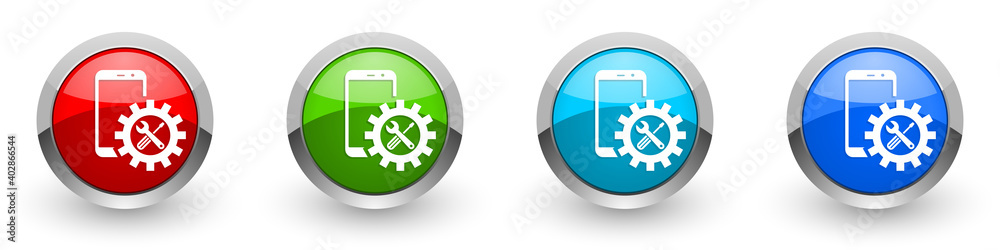 Aufkleber mobile phone, smartphone service silver metallic glossy icons, set of modern design buttons for web,