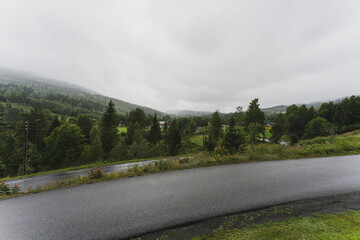 The valley of Northern Hurdal in Norway seen northward from the stairway of Solhøy bedehus.