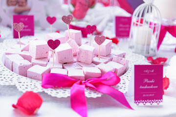 Tasty handmade strawberry marshmallows on a candy bar at the wedding party
