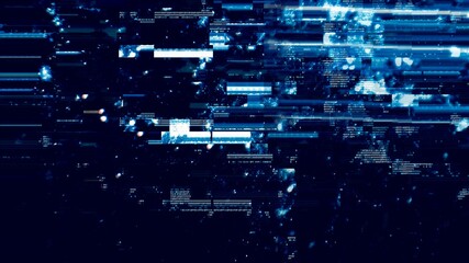 Defected Blue HUD interface 3D Illustration with abstract digital code. Concept glitch background as cyberpunk computer meltdown overlay with fragments and hex code of alien communication decryption