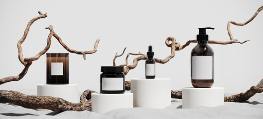 Minimal mockup background for product presentation. Podium and dry tree twigs branch with white sand beach on white background. 3d rendering illustration. Clipping path of each element included.