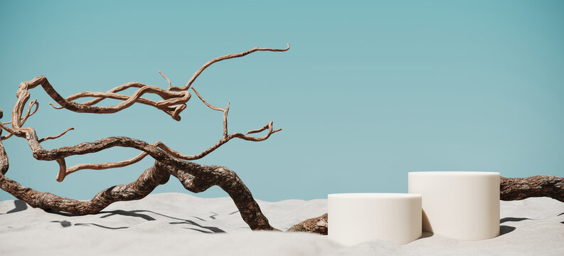 Minimal mockup background for product presentation. Podium and dry tree twigs branch with white sand beach on blue background. 3d rendering illustration. Clipping path of each element included.