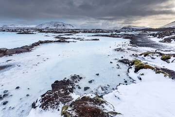 blue lagoon in iceland in winter