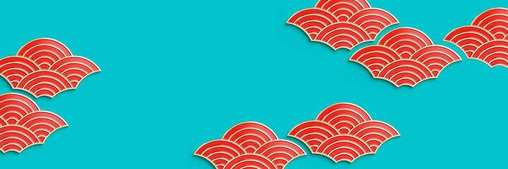 Fototapeta na wymiar Happy Chinese new year web banner. Red and gold geometric oriental wave shape on red background. 3d rendering illustration.
