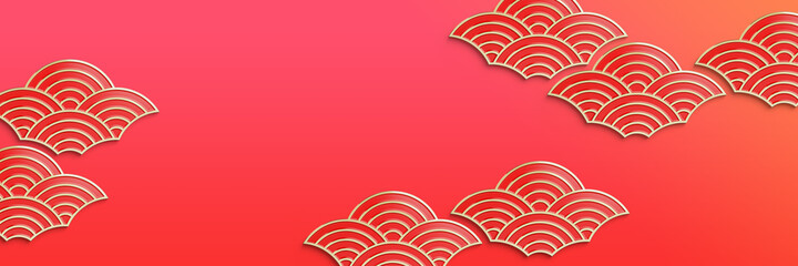 Fototapeta na wymiar Happy Chinese new year web banner. Red and gold geometric oriental wave shape on red background. 3d rendering illustration.