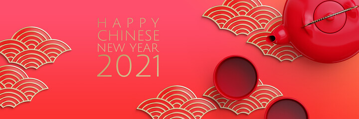 Happy Chinese new year web banner. Red and gold geometric oriental wave shape and tea pot on red background. 3d rendering illustration.