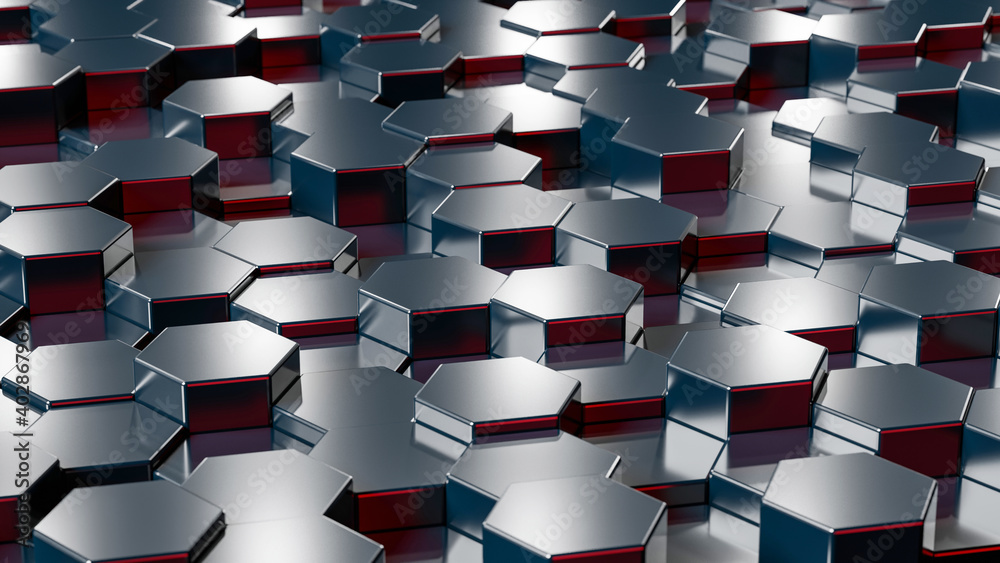 Poster abstract hexagonal background. 3d render of dark shiny hexagons