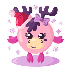 Funny cute kawaii moose girl with Christmas hat and round body surroundet by snowflakes in flat design with shadows. Isolated winter holiday vector illustration	