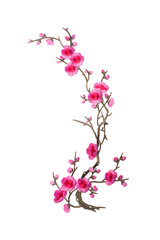 Embroidered branch with pink flowers decoration isolated on white background