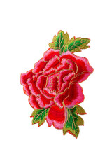 Pink peony embroidered patch isolated on white background