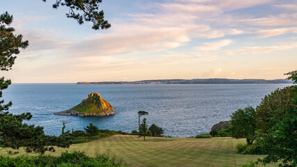 Thatcher Rock, seen from Thatcher Point in Torquay, Torbay, England, UK
