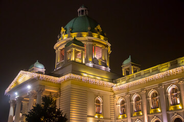 Fototapeta na wymiar National Assembly of the Republic of Serbia building, beautifully illuminated, Belgrade, Serbia
