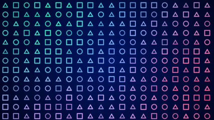 Abstract colorful glowing neon geometric shapes background, retro minimal game geometry style symbol animation