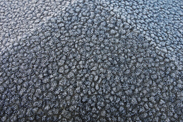 A fragment of a concrete fence covered with hoarfrost on a frost