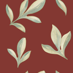 Seamless botanical pattern. Watercolor leaves on a brown background.Concept for wedding design, wallpaper, stickers, surface pattern, cards, invitations, logo, prints.
