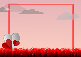 Vector : Heart tree and grass with red border on pink background
