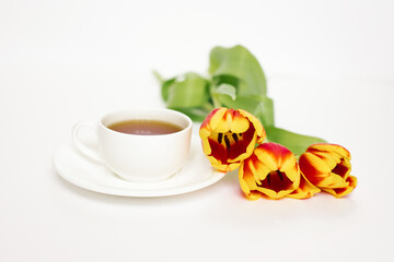 Obraz na płótnie Canvas White tea cup with saucer and red and yellow tulips on white background Concept of love and spring.
