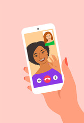 Online video call by smartphone. Black girl says hi to her friend virtually in mobile social media app. Flat cartoon illustration. Stay in touch with your loved ones during corona lockdown.